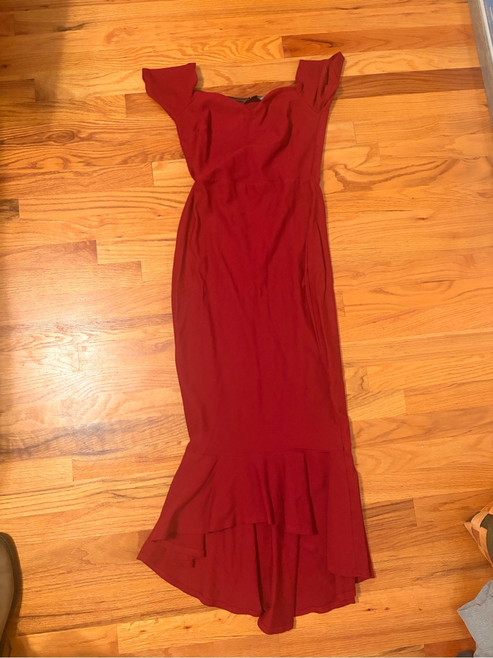 Lulu's Burgundy Off-Shoulder Ruffle-Hem Midi Dress
